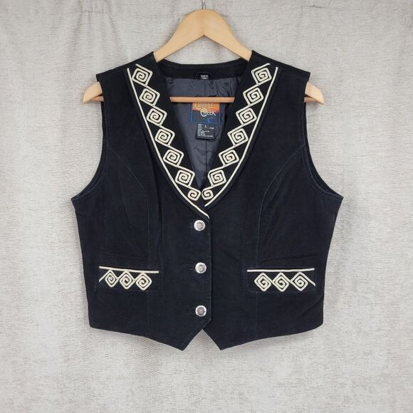 Cripple Creek Vintage Leather Women's Black With White Design Vest Western Boho - Picture 9 of 15